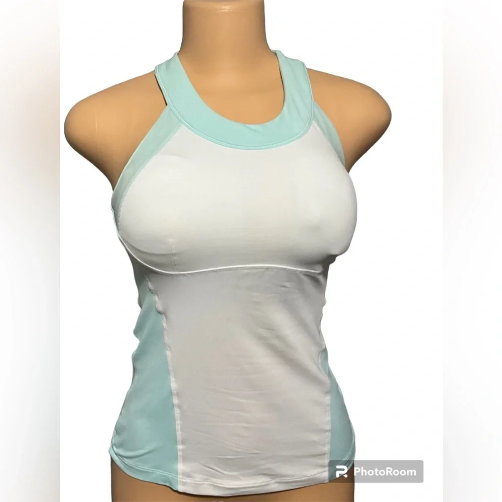 LULULEMON WOMENS SIZE 4 WHITE + AQUA HALTER TANK TOP. - Picture 1 of 14